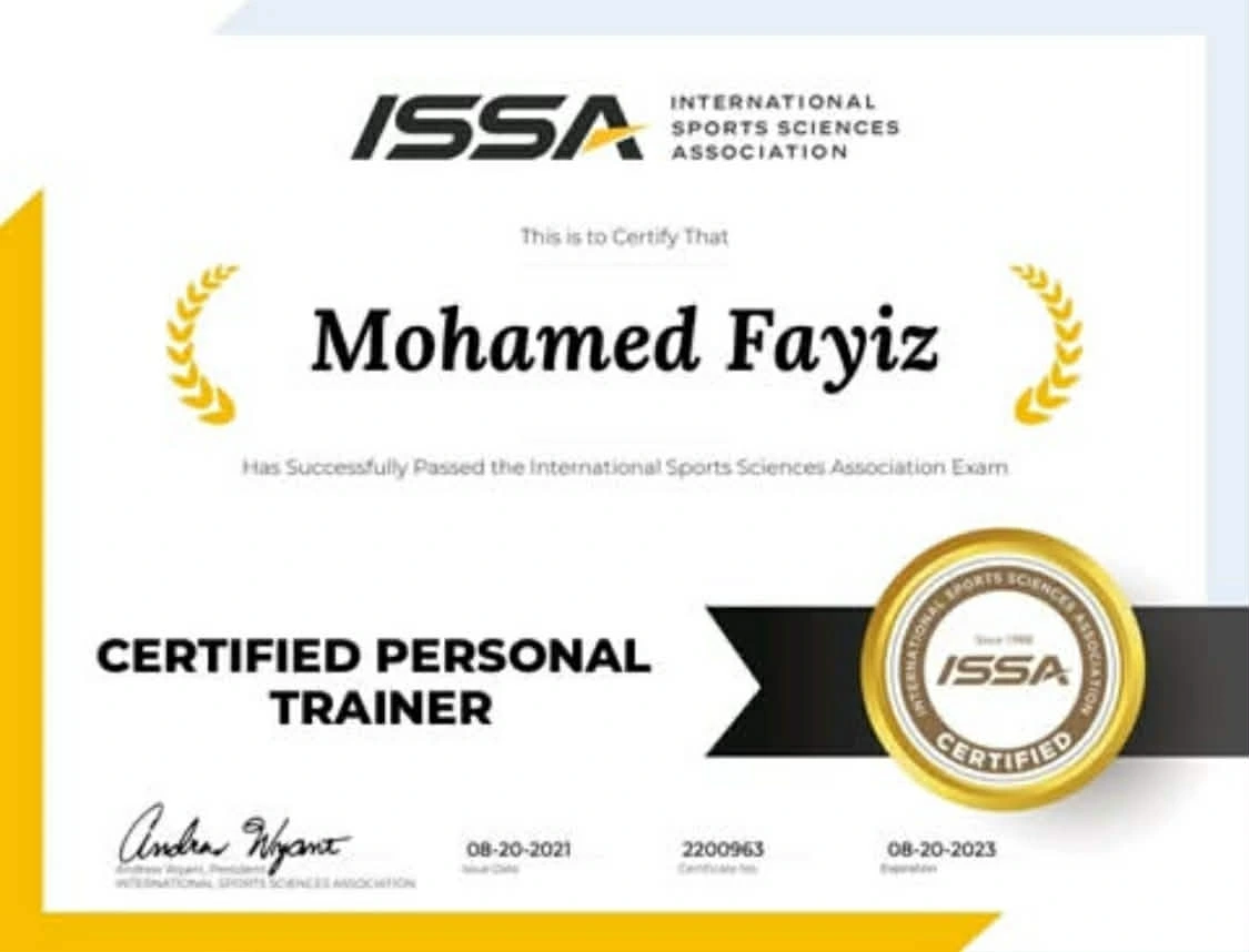 mohamed-fayiz-issa-certified-personal-trainer ISSA Certified Personal Trainer certificate awarded to Mohammed Fayiz